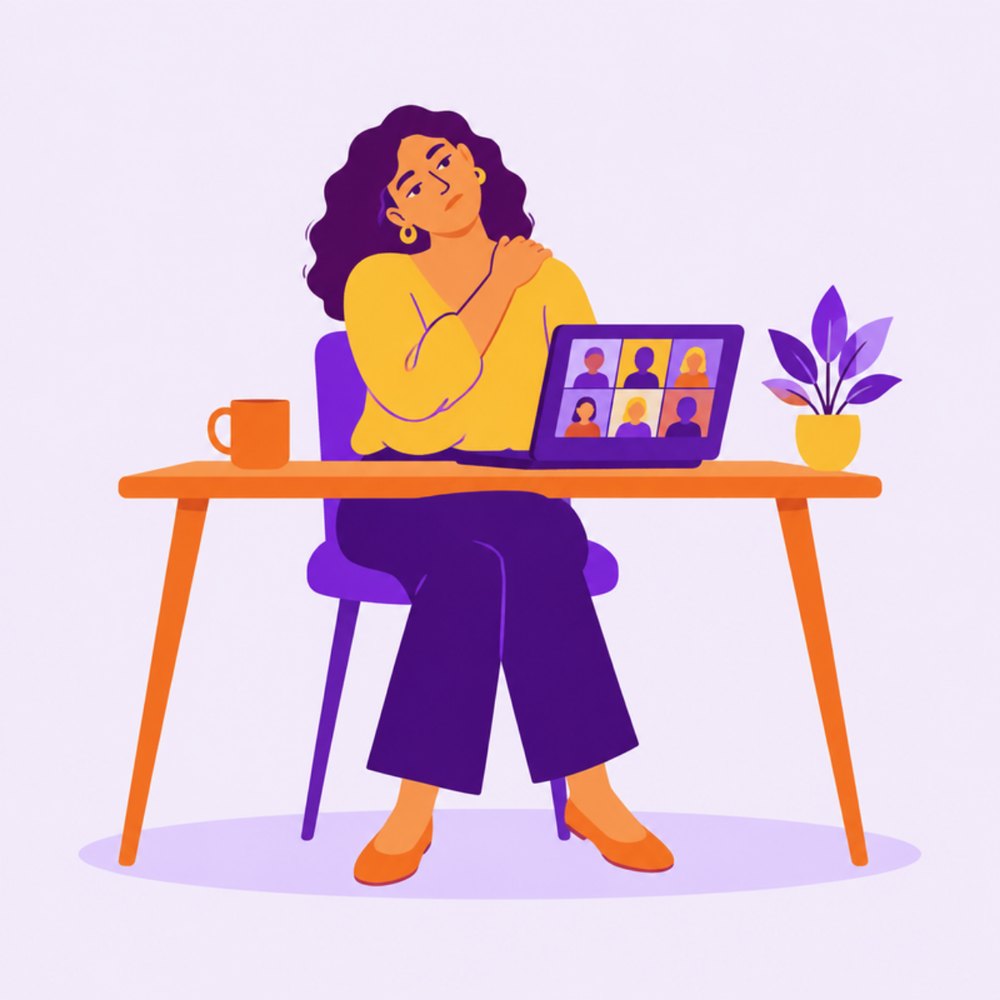 Mulher em roupa do dia a dia fazendo uma pausa de movimento ao lado da mesa de trabalho